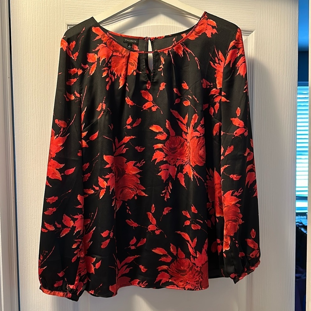 Talbots Rose Pattern Satin Blouse, Sz L